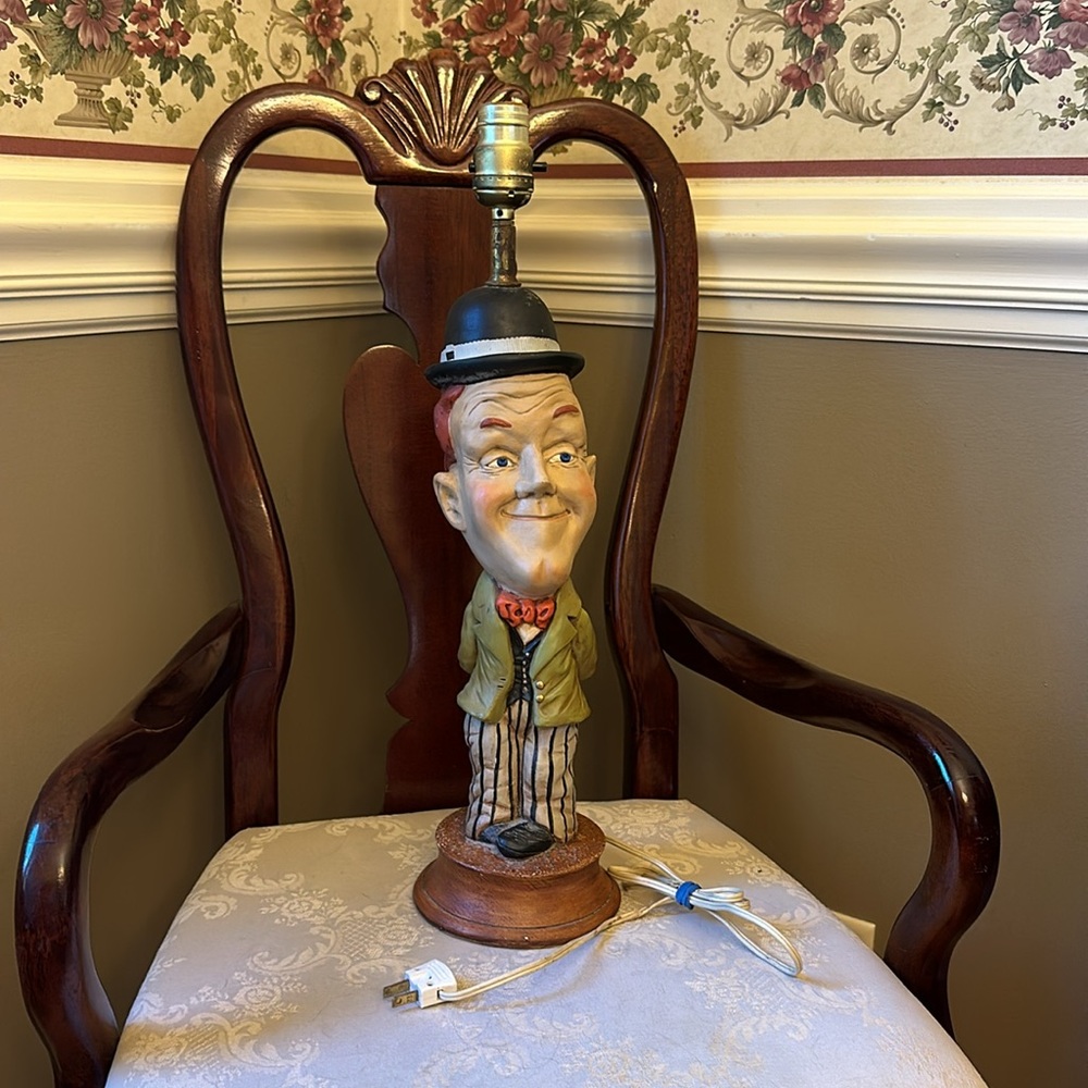 Vintage 1970s Stan Laurel working chalk ware, plaster lamp
